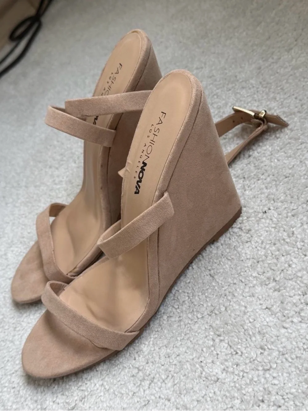Nude Beige Crisscross Ankle-Strap Wedge Sandals
